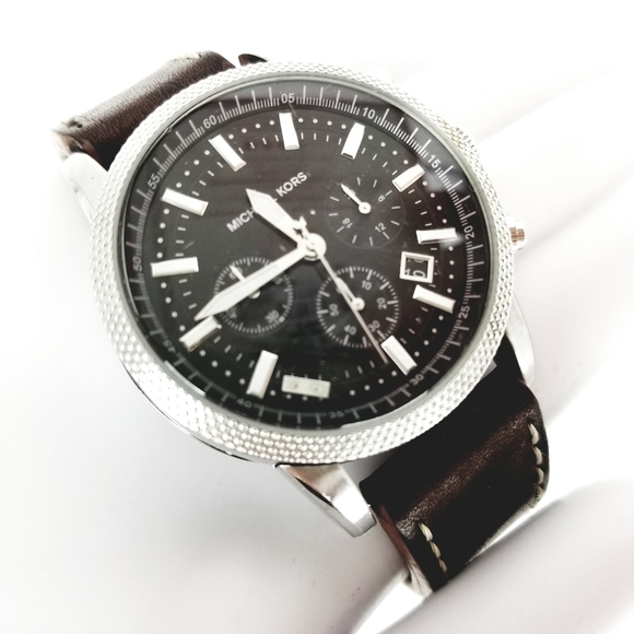 Michael Kors MK8309 Mens Black Leather Chronograph - Picture 1 of 12